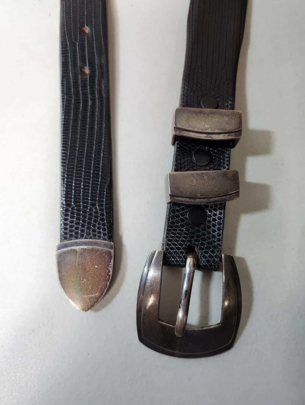 James Reid Mens |38| Black Genuine Lizard Sterling Silver Belt